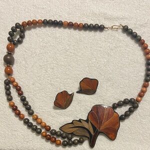Elegant Brown and Black Beaded wood inlay Necklace Set